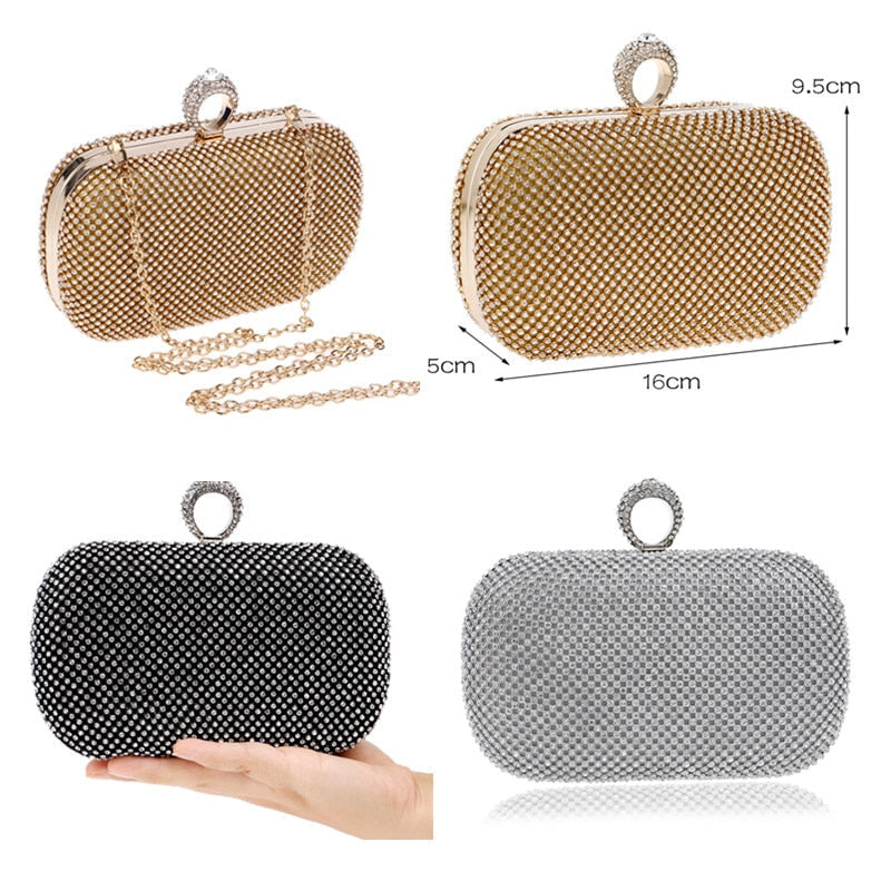 Diamond-Studded Evening Clutch Bag With Chain Shoulder