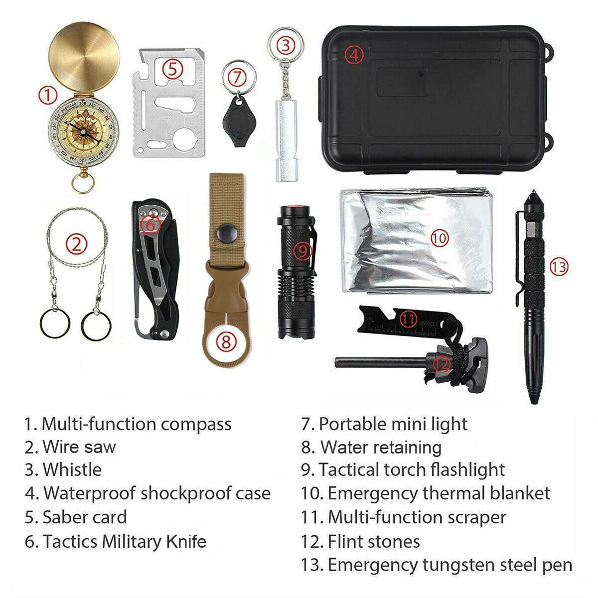 14 in 1 Outdoor Emergency Survival And Safety Gear Kit